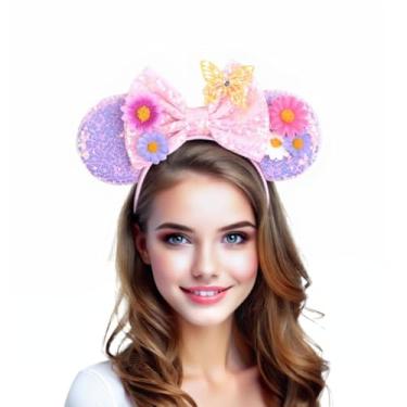 Imagem de Tiara de orelha de rato de flor, lantejoulas, orelhas com margarida, girassol, borboleta, orelhas, arco, flor, laço, cabeça, princesa, cosplay, fantasia, tiara para meninas e adultos (rosa)