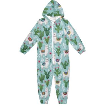 Imagem de Macacão infantil unissex fofo lhamas cacto azul moletom com capuz peça única roupas para casa meninos meninas 4 anos, Lhamas fofos, cacto azul, 13-14 Anos