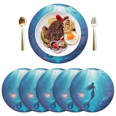Imagem de Jogo americano subaquático azul sereia conjunto de 6 tapetes redondos de PVC para cozinha de 38 cm tapete de prato lavável para festa de Natal
