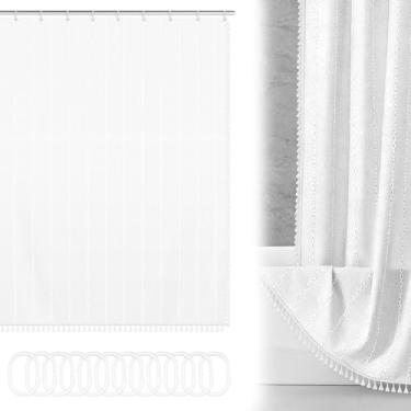 Imagem de Tcwhniev Cortina de chuveiro de tecido Boho Farmhouse, cortina de chuveiro moderna de linho de poliéster para decoração de banheiro vintage borla country pano grosso branco/bege/verde/café 182 x 182