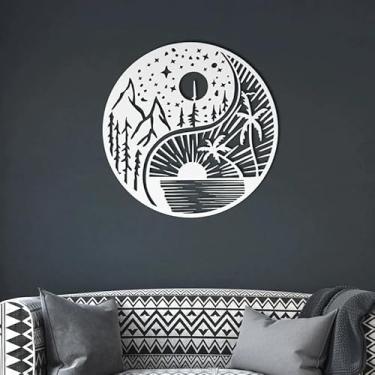 Imagem de Arte de parede minimalista sol lua coqueiro, pintura moderna de folha de flandres de cena de praia para paredes internas e externas (branca)