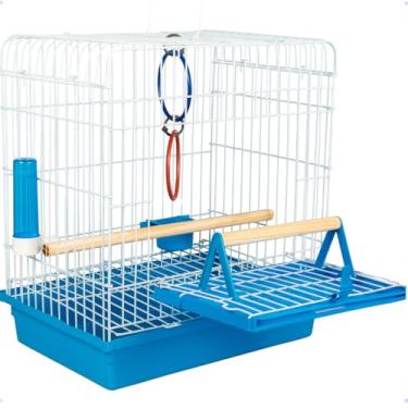 Imagem de Gaiola para Pássaros Calopsita Júnior Azul Completa com Comedouro e Bebedouro, 42,5cm Altura x 38cm Comprimento x 26cm Largura