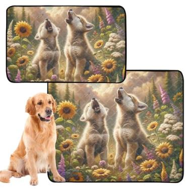 Imagem de TSENQUE Lindo filhote de lobo uivante floral para cães de estimação almofadas laváveis para animais de estimação e gatos absorventes absorventes para cães, tapete de caixa de cachorro fofo