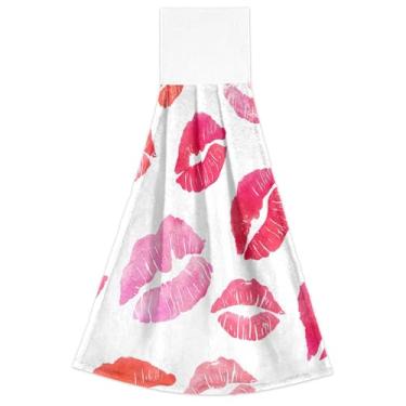 Imagem de Batom vermelho rosa beijo branco pendurado toalhas de mão para cozinha forno toalha de chá altamente absorvente outono toalha de cozinha bonito conjunto de 2, 18,2 x 14 polegadas