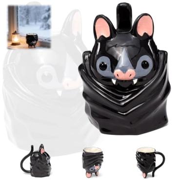 Imagem de DMXGJD Caneca em forma de morcego de cabeça para baixo, caneca de cerâmica 3D fofa com alça de cauda, xícara de café em forma de animal durável e divertida feita à mão para escritório e casa, presente