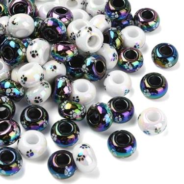 Imagem de LiQunSweet 50 peças Rondelle de 14 mm com estampa de pata contas europeias abaco redondo plano 6 mm contas espaçadoras de orifício grande para joias faça você mesmo, pulseira, colar, brinco, bolsa