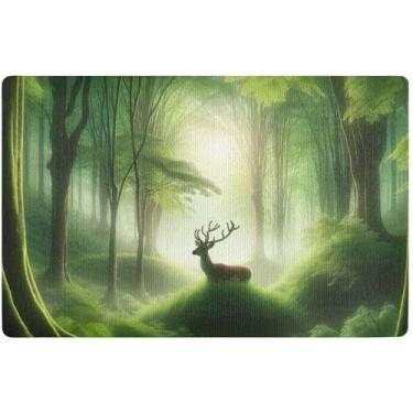 Imagem de TSENQUE Tapetes de porta personalizados floresta veado verde tapete de porta bonito outono tapete de boas-vindas tapete de boas-vindas absorvente lavável tapetes de entrada interna para casa 81 x 50