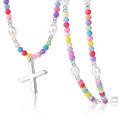 Imagem de Poxtex Lindos colares de contas com inicial para meninas, elegantes e coloridas, pérolas, letras, gargantilhas, para mulheres, adolescentes, feito à mão, banhado a ouro 14K, boêmio, joias