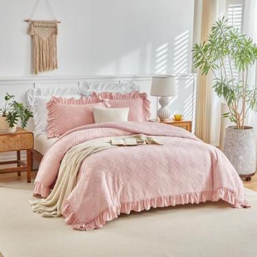 Imagem de Flysheep Conjunto de capa de edredom com babados tufados, tamanho Queen, 3 peças de capa de edredom vintage chique e chique com fecho de zíper, conjunto de cama boêmio jacquard de luxo (rosa blush