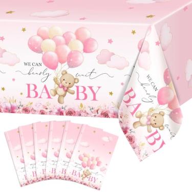 Imagem de Avezano 6 peças de toalha de mesa de chá de bebê urso We Can Bearly Wait Toalhas de mesa urso rosa decorações de chá de bebê 272 x 137 cm