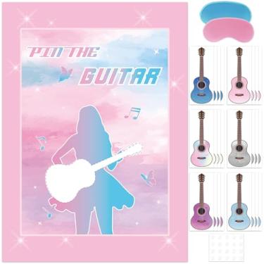 Imagem de 28 peças de decorações de festa de cantores populares Pin The Guitar on The Music Super Star Party Game Cantor Poster com adesivos de guitarra para meninas, meninos, amantes de música, fãs de música