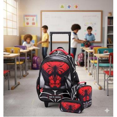 Imagem de Kit Mochila Rodinha Infantil Menino 3 Peças Homem Aranha Escolar - Den