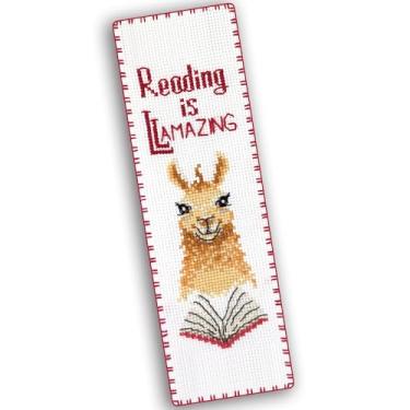 Imagem de Reading is Llamazing Kit de marcadores de livro de ponto cruz de lhama – Conjunto de bordado para iniciantes e especialistas | Adorável design de lhama lendo um livro | Presente de artesanato perfeito
