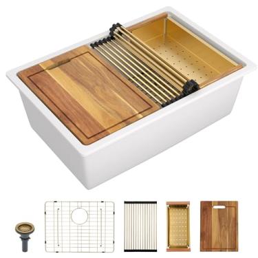 Imagem de Pia de cozinha composta de granito 28 - Fulorni 71 cm x 48 cm Pia de cozinha de granito branca com borda subterrânea estação de trabalho quartzo clássico luxo sob o balcão pia pia bacia única