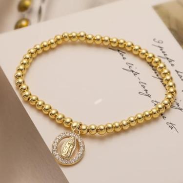Imagem de Pulseira feminina com contas de ouro da Virgem Maria banhada a ouro 14 K com medalhão de cristal brilhante, presente religioso com contas para sua pilha de pulseiras Guadalupe