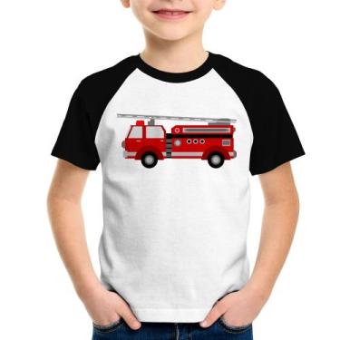 Imagem de Camiseta Raglan Infantil Caminhão de Bombeiro - Foca na Moda, Branco, 