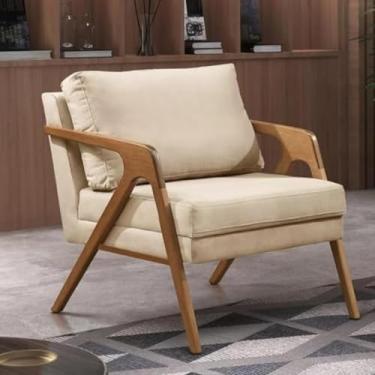 Imagem de Poltrona Mona Revestida em Linho Bege Confortável Estrutura em Madeira Maciça