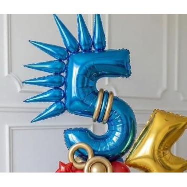 Imagem de Speed Hedgehog Conjunto de mesa de centro de balão de 5º aniversário, azul real, vermelho, dourado, látex, 102 cm, número 5, folha dourada, relâmpago, estrela, cones, para meninos, corrida, jogo