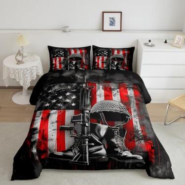 Imagem de Erosebridal Conjunto de edredom com bandeira americana, vintage, armas, soldado, preto, cinza, camuflado, bandeira nacional dos EUA, retrô, botas de combate e chapéu, edredom Queen, 3 peças, presentes