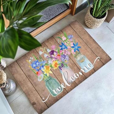 Imagem de Noulmea Tapete de porta de primavera 76,2 cm x 43,2 cm - Aquarela flores silvestres bem-vindo escrita em madeira rústica tapete de primavera tapete de borracha antiderrapante para entrada interna e