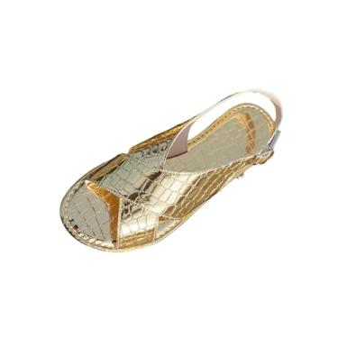 Imagem de Sandálias rasteiras femininas com tira cruzada e bico aberto, design de fivela de sola macia para uso casual interno e externo, Dourado, 39