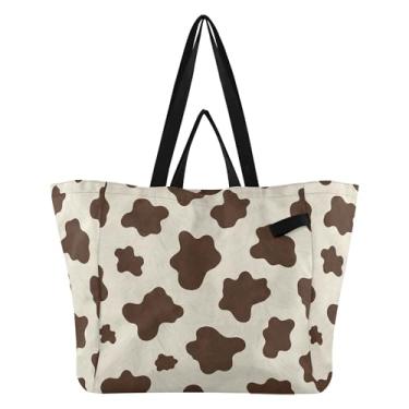 Imagem de SEHANY Sacolas de compras reutilizáveis com estampa de vaca marrom e branca com alças reforçadas, bolsa de compras de lona dobrável à prova d'água de grande capacidade para viagem, cozinha, praia