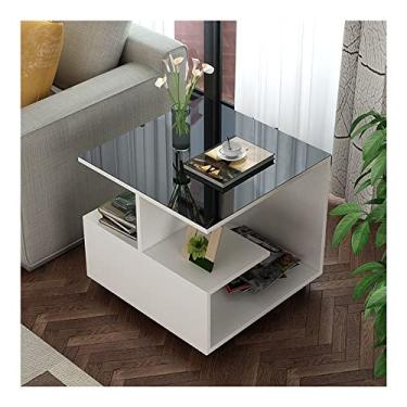 Imagem de Mesa de canto quadrada Mesa de canto de 3 camadas com prateleiras de armazenamento mesa lateral de sofá mesa de centro moderna para sala de estar quarto (cor: preto, tamanho: 60 x 60 x 50 cm) (branco