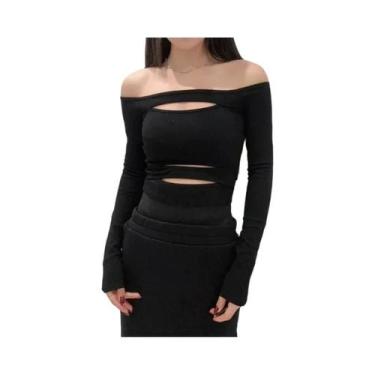 Imagem de Camiseta Cropped Feminina De Manga Longa Com Recortes, Ajuste Slim, Se