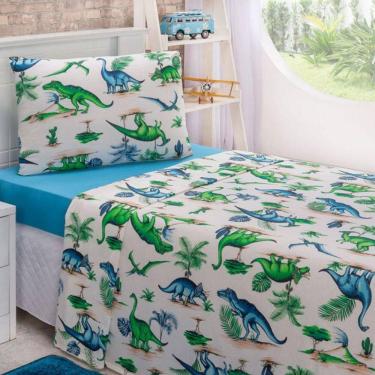 Imagem de Jogo De Cama Lençol Em Malha Solteiro Dinossauro 3 pç Verde