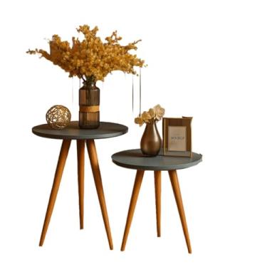 Imagem de Kit 2 Mesas Canto Apoio Redonda Retro Para Sala Sofá Lateral Em Pés Palito Madeira Tripé(Cinza)