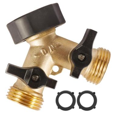 Imagem de Divisor de mangueira de jardim resistente de 2 vias, divisor Y de mangueira de latão com válvula de fechamento, alça de fácil aderência, torneira de água divisor de torneira externa adaptador Y com 2