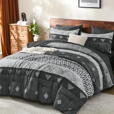 Imagem de Xruibed Conjunto de edredom King cinza, 7 peças, cinza, boêmio, listrado, em um saco, microfibra macia para todas as estações, conjunto de cama com edredom, lençóis, fronhas e fronhas (264 cm x 224 cm