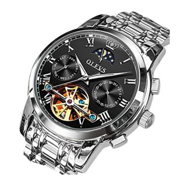 Imagem de OLEVS Relógio masculino mecânico automático relógio fase da lua vestido de aço inoxidável moda negócio luminoso à prova d'água data semana relógio de pulso masculino, Preto, Mecânico, corda automática