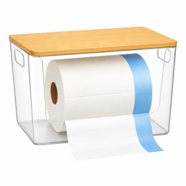 Imagem de CiWiVOKi Suporte de saco de lixo com tampa de bambu - organizador empilhável embaixo da pia e dispensador de saco de lixo para organização de cozinha - Suporte de plástico grande para lavanderia