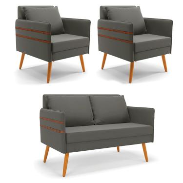 Imagem de Kit 1 Namoradeira 02 Lugares e 2 Poltronas Mari Suede Grafite Pés Palito Castanho - D'Rossi