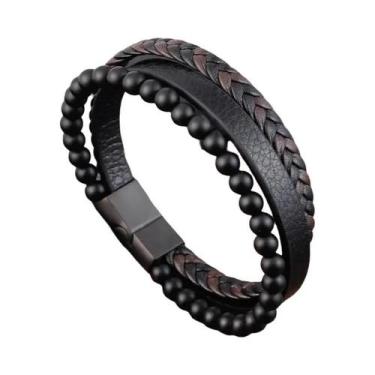 Imagem de Pulseira De Couro Masculina Com Contas De Obsidiana, Joia De Moda De A