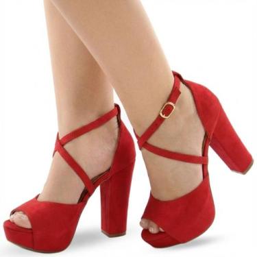 Imagem de Sandália Re&Ton Meia Pata Salto Grosso Tiras Feminina MP36, Vermelho, 