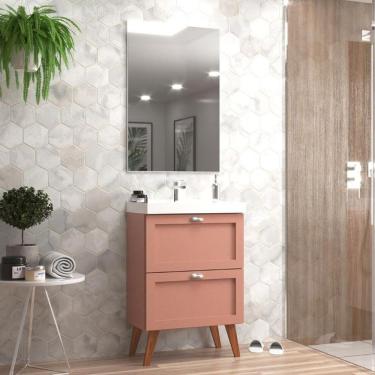 Imagem de Gabinete Para Banheiro Com Cuba E Espelho 60cm Retro Mdf Rosa Milano - On Móveis