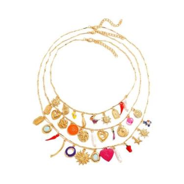 Imagem de Colar Feminino Boêmio Multicamadas Com Pingente De Coração E Cadeado, 