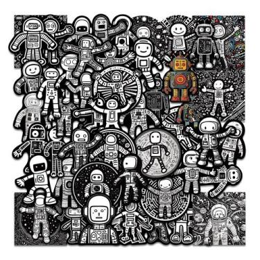 Imagem de Lote de adesivos: 50 peças, astronautas, robôs, pretos e brancos - yiw