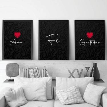 Imagem de Kit 3 Quadros Decorativos Amor, Fé, Gratidão Preto