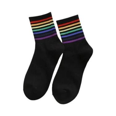 Imagem de Meias Femininas Cano Alto Listradas Arco-Íris - Estilo Fofo e Moderno 