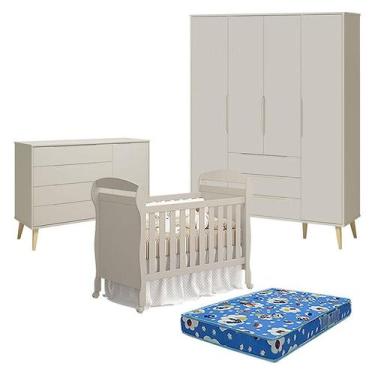 Imagem de Quarto de Bebê 4 Portas com Cômoda com Porta Elfe Retrô e Berço Americ