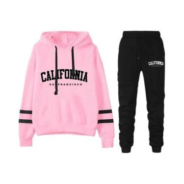 Imagem de Conjunto De Moletom Casual Feminino Com Listras, Blusa Com Capuz E Cal