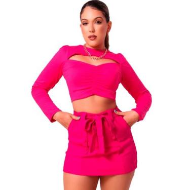 Imagem de Saia-shorts Feminino Cintura Alta cinto botão emcapado - Deboche, Rosa