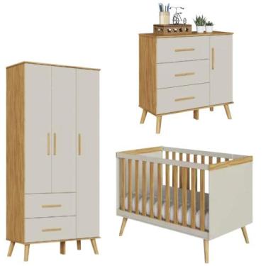 Imagem de Kit Berço Guarda Roupa, Cômoda Quarto Infantil Sky 100% MDF - PEROBA
