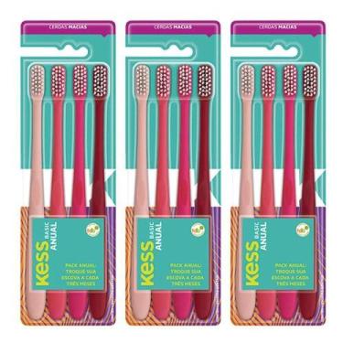 Imagem de Kit Escova de Dente Kess Basic Cerdas Macias Nylon Rosa com 12 Unidade