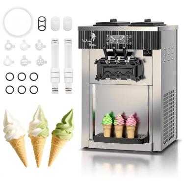 Imagem de Máquina Comercial de Sorvete Soft Serve EKway Aço Inox 3 Dispensadores LCD Limpeza Automática BQL-8218T, 220V