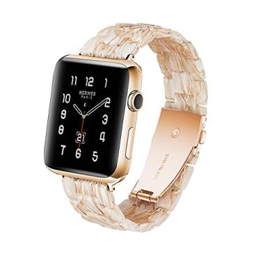 Imagem de HOPO Pulseira de relógio compatível com Apple Watch de 38 mm, 40 mm, 42 mm, 44 mm, pulseira fina de resina para Apple Watch Series 6, substituição para iWatch Series 5/4/3/2/1/SE, fivela de aço inoxidável de ouro rosa ajustável (branco de seda 42/44 mm)