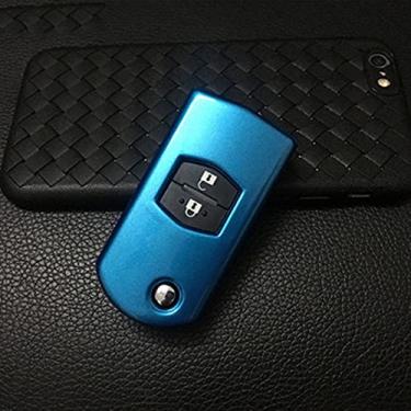 Imagem de CSHU 2 botões Car flip dobrável porta-chaves do carro tampa do carro chaveiro anel chave bolsa, adequado para Mazda 2 3 5 6 CX7 / CX9 RX8 MX5, azul